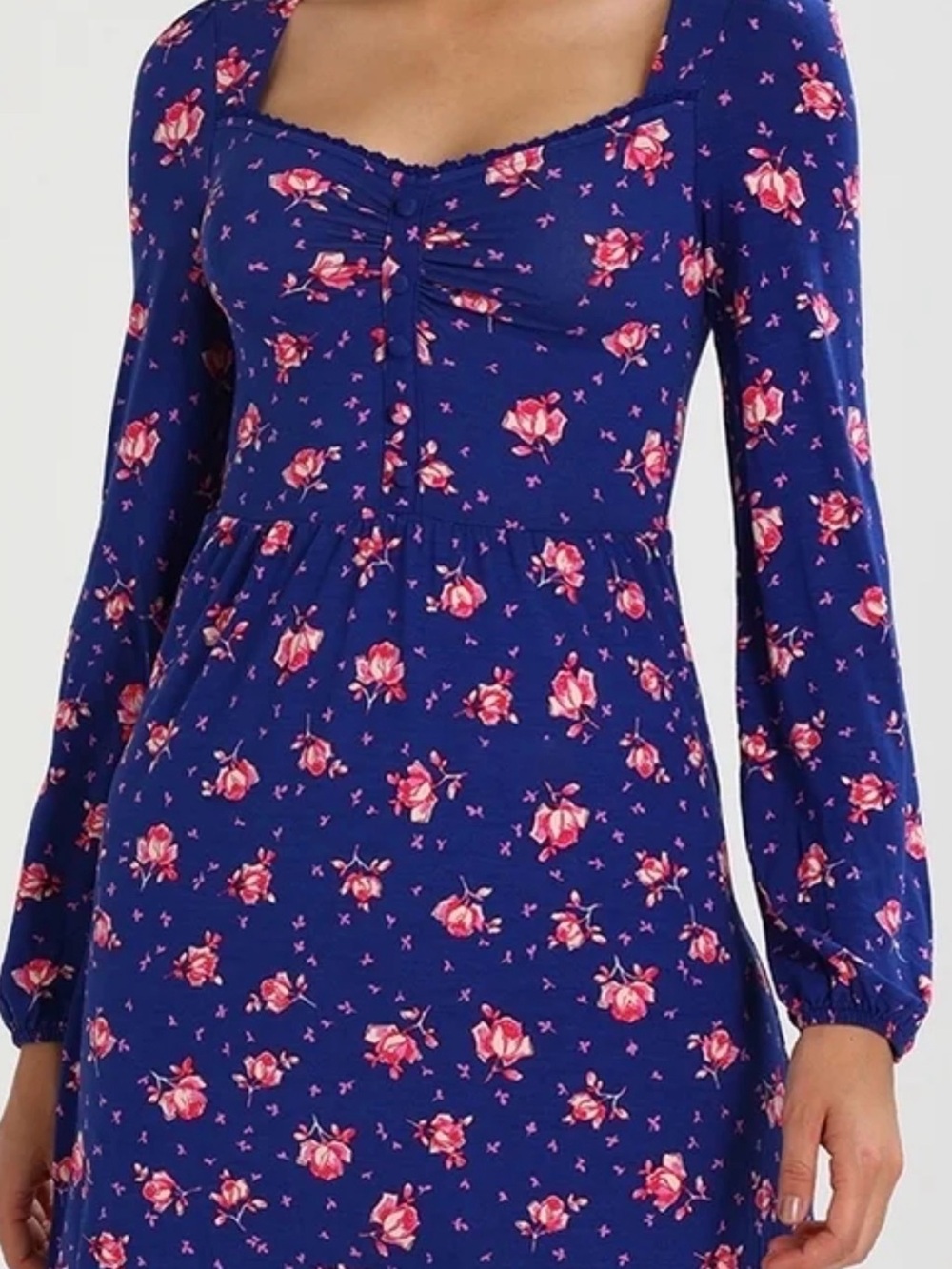 Topshop Blue Floral Long-Sleeve Empire Waist Dress